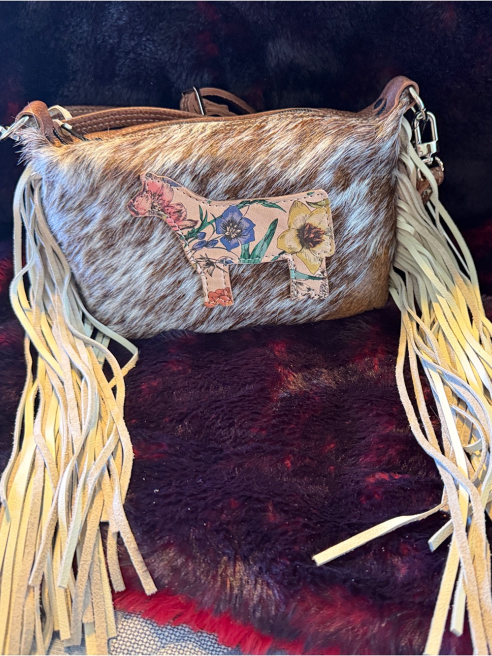 Fringed Haircalf Crossbody Bag with Floral Appliqué in Brown and Cream